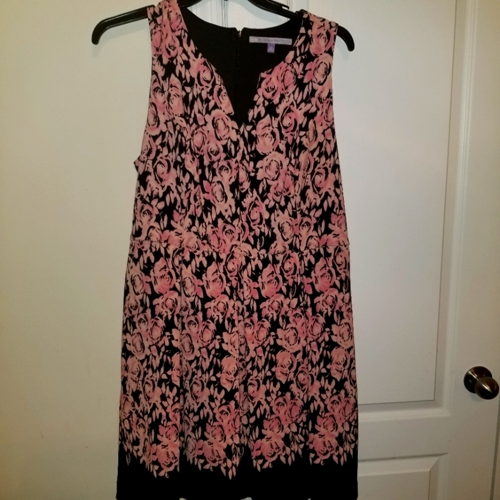 Black and pink floral style dress with wrap tie belt.